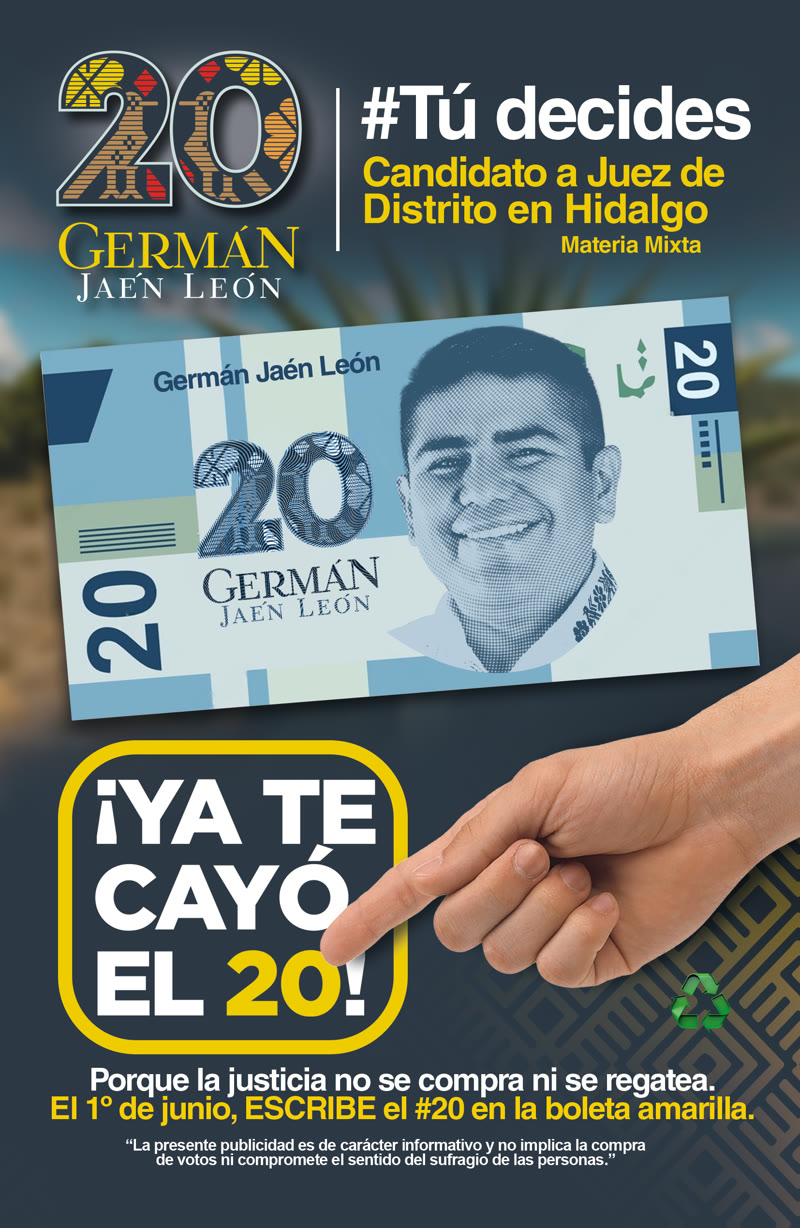 El billete de 20 de la campaña de 2025: la cara del candidato a juez de distrito impresa en un billete de veinte, su número en la boleta y la nota legal al pie.