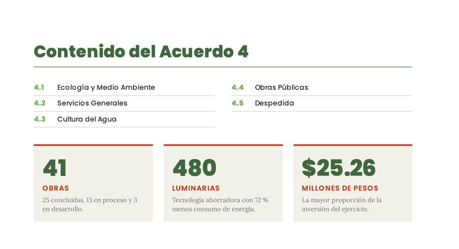 Otra página de la glosa: el contenido del Acuerdo 4, con las obras, las luminarias y la inversión del año.